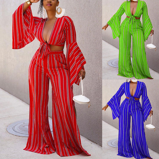 Autumn New Women's Long Sleeve Sexy Short Top Wide Leg Pants Suit